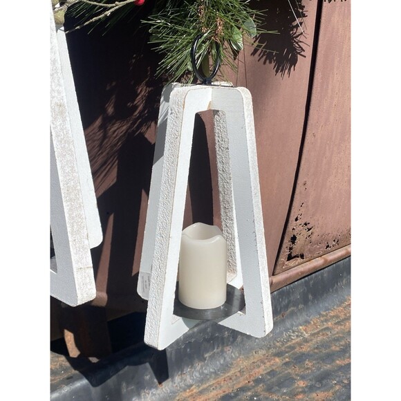 2 Rustic Wooden Candle Holder Lantern Farmhouse Country White Outside Lighting - Picture 4 of 6